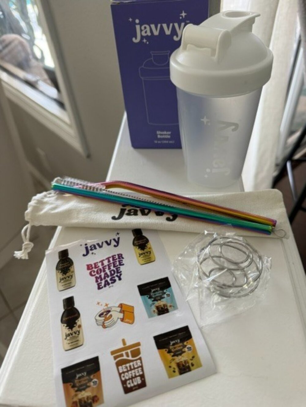 Javvy Better Coffee Tumbler 12 oz Cup Shaker Ball Straws Brush Sitckers Bundle
